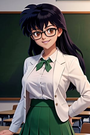 best quality, masterpiece, close-up, 1girl, teacher,higurashi kagome, red bobbed hair, brown eyes, tight green micro skirt, designer blouse, blazer, medium breasts, glasses, indoors, classroom, looking at viewer, 8k, high_resolution, smile, pose