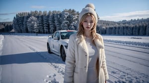 (best quality, masterpiece:1.2),ultra detailed,(photo realistic:1.4),girl standing car front,rally car,fluffy coat,russian hat,russian_girl,super_automobile,snow_scene_background