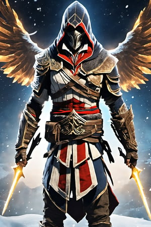 (Highest Quality, 4k, professional lighting, masterpiece, Amazing Details:1.1), (face focus:1.1), (shadowed eyes:1.2), assassin creed, Kratos, winter_clothes, black clothe, hoodie on head, anatomically correct, neutral expression, epic character composition,Design a powerful celestial being with glowing armor, ethereal wings, and a radiant weapon. This guardian protects the cosmos from otherworldly threats.