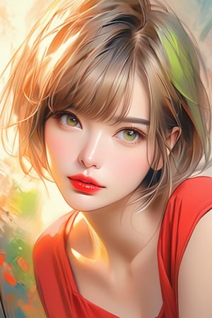 masterpiece, high quality realistic, pencil sketch, pastel art style, (thin line:1.5), painting based on light-green, beautiful girl, light-brown short hair, red lips, 