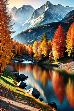 masterpiece, high quality, realistic aesthetic photo ,(HDR:1.2), pore and detailed, intricate detailed, graceful and beautiful textures, RAW photo, 16K, sharp forcus, (vibrant colors), high-contrast, cinematic lighting, ultra-detailed, very-detailed Beautiful natural scenery, at autumn, alps with colorful-trees, river,