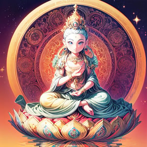 masterpiece, high quality animation, aesthetic photo ,(HDR:1.2), pore and detailed, intricate detailed, graceful and beautiful textures, RAW photo, 16K, sharp forcus, vibrant colors, front view, (mandala illustration style), 1girl sitting on lotus, stars,starry, crown, necklace, circle, jewelry, bracelet, earrings, magic circle, put hands on knees, pusa,qfo