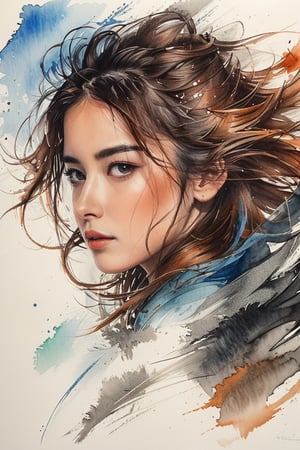 masterpiece, high quality,(color-pencil art style), close up face, 1girl, Potrait of a girl, hair blowing in the wind, (head to waist portrait),ink