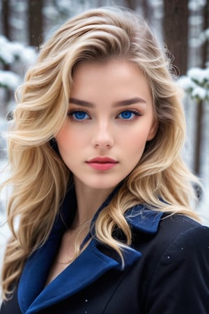 masterpiece, high quality realistic, realistic aesthetic photo ,(HDR:1.2), pore and detailed, intricate detailed, graceful and beautiful textures, RAW photo, 16K, (bokeh:1.1), sharp forcus, (head to waist portrait), on the snow forest, russian-model-girl fused sapphire, smooth fair skin, beautiful face, blond wavy straight hair, black long coat over collared shirt, 