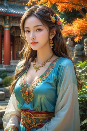 masterpiece, high quality realistic, realistic aesthetic photo ,(HDR:1.2), pore and detailed, intricate detailed, graceful and beautiful textures, RAW photo, 16K, sharp forcus, vibrant colors, in the temple garden, mysterious, (head to waist portrait), young-girl, (wide shot), detailed beautiful face, light-smile, ((closed mouth)), medium hair, fair oily skin, necklace, open chest dress,colorful