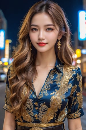 masterpiece, high quality realistic, realistic aesthetic photo ,(HDR:1.2), pore and detailed, intricate detailed, graceful and beautiful textures, RAW photo, 16K, sharp forcus, vibrant colors, (head to waist portrait), in the night city, 1girl fused gold, Bewitching, beautiful face, cool smile, ash-color long wavy hair, detaild eyes, juicy lips, earing, collared shirt, thin belt, skirt,