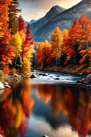 masterpiece, high quality, realistic aesthetic photo ,(HDR:1.2), pore and detailed, intricate detailed, graceful and beautiful textures, RAW photo, 16K, sharp forcus, (vibrant colors), high-contrast, cinematic lighting, ultra-detailed, very-detailed Beautiful natural scenery, at autumn, mountain with colorful-trees, river,