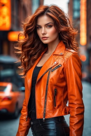 masterpiece, high quality realistic, realistic aesthetic photo ,(HDR:1.2), pore and detailed, intricate detailed, graceful and beautiful textures, RAW photo, 16K, sharp forcus, cool tone, vibrant colors,) (orange color theme), in the city, (head to waist portrait), beautiful woman, dark-orange wavy medium hair, leather jacket over black shirt,
