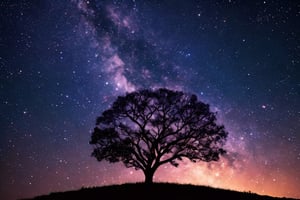 masterpiece, high quality realistic, realistic aesthetic photo ,(HDR:1.2), pore and detailed, intricate detailed, graceful and beautiful textures, RAW photo, 16K, (glass art style), silhouette of a tree on a hill, twilight sky, starry sky, milky way, many small stardust, wide shot,