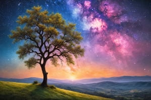 masterpiece, high quality realistic, realistic aesthetic photo ,(HDR:1.2), pore and detailed, intricate detailed, graceful and beautiful textures, RAW photo, 16K, (oil painting style), silhouette of a tree on a hill, twilight sky, starry sky, milky way, many small stardust, wide shot,Clear Glass Skin,glass art,oil painting