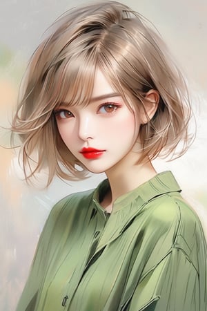 masterpiece, high quality realistic, pencil-sketch, pastel art style, (thin line:1.5), painting based on light-green, beautiful girl, light-brown short hair, red lips, shirt,