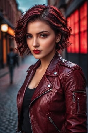 masterpiece, high quality realistic, realistic aesthetic photo ,(HDR:1.2), pore and detailed, intricate detailed, graceful and beautiful textures, RAW photo, 16K, sharp forcus, cool tone, vibrant colors,) (dark-red color theme), in the city, (head to waist portrait), beautiful woman, wavy short hair, leather jacket over black shirt,real_booster,aesthetic portrait