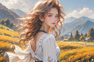 masterpiece, high quality animation photo ,(HDR:1.2), pore and detailed, intricate detailed, graceful and beautiful textures, RAW photo, 16K, sharp forcus, vibrant colors, back ground of mountain behind the meadow, look at camera,                                           
1girl, natural wavy hair, (hair blowing in the wind:1.1), perfect cute face, light-smile, thin belt, white one piece,oil painting