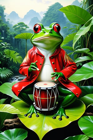 masterpiece, high quality, frog playing drum, wearing red jacket, in the jungle, on the leaf,more detail XL