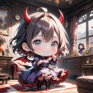 masterpiece, high quality animetion, aesthetic photo ,(HDR:1.2), pore and detailed, intricate detailed, graceful and beautiful textures, RAW photo, 16K, sharp forcus, vibrant colors, ((chibi character theme:1.4)), (head to waist portrait), in thre catsle livingroom, 5yo-little-devil, (devil corner),  (little devil wing), (wide shot), detailed cute face, smile, black short hair, large eyes, fair skin, purple dress, (action pose),chibi emote style