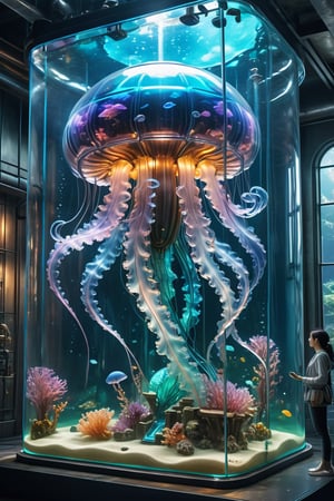masterpiece, high quality realistic, realistic aesthetic photo ,(HDR:1.2), pore and detailed, intricate detailed, graceful and beautiful textures, RAW photo, 16K, sharp forcus, cool tone, vibrant colors, in the water-tank, 
jellyfish fused mecha, clear-glass body, more detail XL,mecha\(hubggirl)\