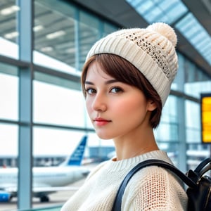 masterpiece, high quality realistic, realistic aesthetic photo ,(HDR:1.2), pore and detailed, intricate detailed, graceful and beautiful textures, RAW photo, 16K, sharp forcus, vibrant colors, (head to waist portrait), in the 
airport lobby, background of Passenger plane behind the window, 1girl, cute face, dark brown short hair, white knit hat, white knit sweater, wide shot,