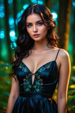 masterpiece, high quality realistic, realistic aesthetic photo ,(HDR:1.2), pore and detailed, intricate detailed, graceful and beautiful textures, RAW photo, 16K, (bokeh:1.1), sharp forcus, vibrant colors, in the night forest, beautiful girl,  detailed eyes, black medium wavy hair, black silk open chest dress, smooth skin, LegendDarkFantasy,photo r3al