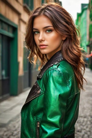 masterpiece, high quality realistic, realistic aesthetic photo ,(HDR:1.2), pore and detailed, intricate detailed, graceful and beautiful textures, RAW photo, 16K, sharp forcus, cool tone, vibrant colors, (painting based on green:1.5), in the city, (head to waist portrait), beautiful girl, brown and green hair, leather jacket over black shirt,