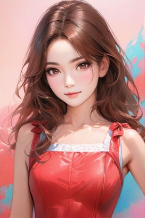 masterpiece, high quality realistic, (pencil-sketch), pastel art style, thin line:1.5, (painting based on red:1.5), simple background, cool woman, beautiful face, dark-brown long wavy hair, light-smile, dress,more detail XL