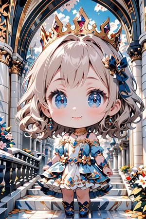 masterpiece, high quality animetion, aesthetic photo ,(HDR:1.2), pore and detailed, intricate detailed, graceful and beautiful textures, RAW photo, 16K, sharp forcus, vibrant colors, ((chibi character theme:1.4)), (head to waist portrait), on the catsle marble stairs, 5yo cute-princess, (wide shot), detailed cute face, smile, medium hair, large eyes, fair skin, necklace, crown, princess dress,chibi emote style,chibi