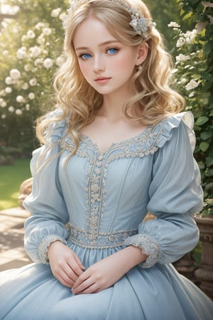 masterpiece, high quality, realistic aesthetic photo, pore and detailed, intricate detailed, graceful and beautiful textures, RAW photo, 16K, natural soft lighting, head lighting, warm tone, in the mansion garden, cute girl, beautiful face, detailed light-blue eyes, blond curl medium hair, little smile, ruffle dress,