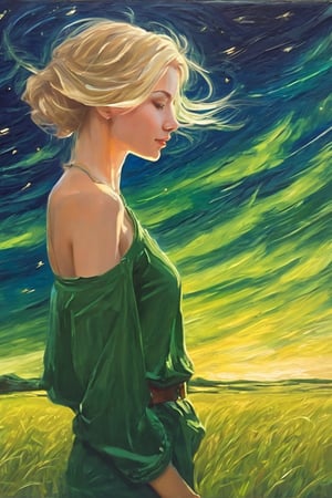 masterpiece, high quality,(oil painting style), night-view, starry sky, on the grassland, beautiful girl, blond medium hair, hair blowing in the wind, deep-green shirt,side view,Potrait of a girl,artistic oil painting stick