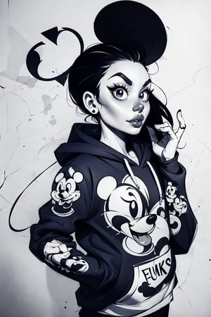 girl, ((best quality)),((masterpiece)),(detailed),detailed swag hoody Mickey Mouse in ink calligraphy tattoo sketch,in the style of 0mib,intricate details,,