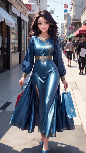 beautiful cute young attractive pakistan teenage girl, village girl, 18 years old, cute,  Instagram model.Confident Smile.Navy Blue Faux Georgette Gown With Metallic Foil And Embroidery. Color_hair, colorful Hollywood waves, dacing, in walk at  my shopping, pakistan
