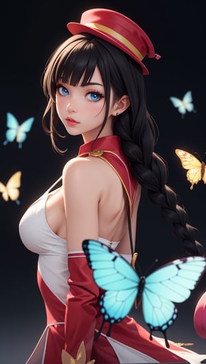 shows elemental elements, circus hat and ringmaster, intense and bright colors, teenage girl, long black hair, braids, light blue eyes, butterfly details,anime
