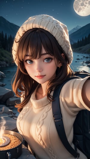 sexy lolita girl ((upper body selfie, happy)), masterpiece, best quality, ultra-detailed, solo, outdoors, (night), mountains, nature, (stars, moon) cheerful, happy, backpack, sleeping bag, camping stove, water bottle, mountain boots, gloves, sweater, hat, flashlight, forest, rocks, river, wood, smoke, shadows, contrast, clear sky, analog style (look at viewer:1.2) (skin texture) (film grain:1.3), (warm hue, warm tone:1.2), close up, cinematic light, sidelighting, ultra high res, best shadow, RAW, upper body, wearing pullover