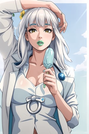 realistic, masterpiece, 4k quality, details, white hair, loose dress, white dress, blue denim jacket, blue jacket, ice lolipop,  green lips:1.2, yellow flowers, black eyes:1.2, perfect hands, silver jewerly, bright, summer, blue sky, natural light,