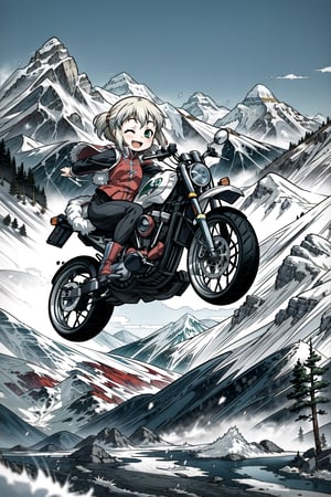1 girl, anime style, motorcycle, mountains, long dragon, happy, jumping