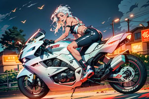 1 girl, outdoor,  happy, noi_(dorohedoro), muscles,  white hair, red eyes:1.3, mechanic overall:1.2,  latex, short, sexy, hot, bareshoulders,  happy, glossy, tron bike, neon lights, speedlight, future bike, flying bike, 