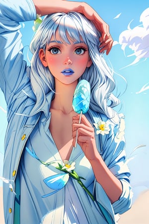 realistic, masterpiece, 4k quality, details, white hair, loose dress, white dress, blue denim jacket, blue jacket, ice lolipop,  green lips:1.2, yellow flowers, black eyes:1.2, perfect hands, silver jewerly, bright, summer, blue sky, natural light,