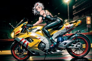 1 girl, outdoor,  happy, noi_(dorohedoro), muscles,  white hair, red eyes:1.3, mechanic overall:1.2,  latex, short, sexy, hot, bareshoulders,  happy, glossy, tron bike, neon lights, speedlight, future bike, flying bike, 