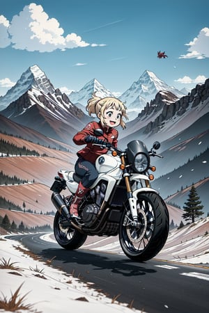 1 girl, anime style, motorcycle, mountains, dragon, happy, jumping