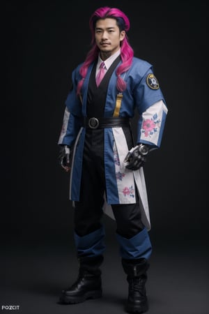 (best quality,8K,highres,masterpiece, ultra-detailed, super colorful, vibrant, realistic, high-resolution), wide view, full picture head-to-toe, colorful portrait of an asian male with flawless anatomy, his left hand is detachable mechanical prosthetics hand, he is wearing a blue-coloured tactical kimono with no under-garment under it, baggy cargo pants, doctor marten's high boots, His tattoed skin is extremely detailed and realistic, with a natural and lifelike texture. His pink-colored wavy hair is tied in high-knot. The background is black. The lighting accentuates the contours of his face, adding depth and dimension to the portrait. The overall composition is masterfully done, showcasing the intricate details and achieving a high level of realism,Hair,zzmckzz,Mecha body,mecha,mecha musume,kimono