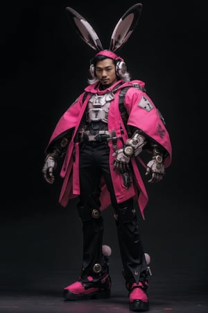 (best quality,8K,highres,masterpiece, ultra-detailed, super colorful, vibrant, realistic, high-resolution), wide view, full picture head-to-toe, colorful portrait of an asian male with flawless anatomy, his left hand is detachable mechanical prosthetics hand, he is wearing a blue-coloured tactical kimono with no under-garment under it, baggy cargo pants, doctor marten's high boots, His tattoed skin is extremely detailed and realistic, with a natural and lifelike texture. His pink-colored wavy hair is tied in high-knot. The background is black. The lighting accentuates the contours of his face, adding depth and dimension to the portrait. The overall composition is masterfully done, showcasing the intricate details and achieving a high level of realism,Hair,zzmckzz,Mecha body,mecha,mecha musume,kimono,BJ_Gundam,haman karn,Rabbit ear