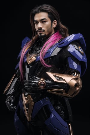 (best quality,8K,highres,masterpiece, ultra-detailed, super colorful, vibrant, realistic, high-resolution), wide view, full picture head-to-toe, colorful portrait of an asian male with flawless anatomy, his left hand is detachable mechanical prosthetics hand, he is wearing a blue-coloured tactical kimono with no under-garment under it, baggy cargo pants, doctor marten's high boots, His tattoed skin is extremely detailed and realistic, with a natural and lifelike texture. His pink-colored wavy hair is tied in high-knot. The background is black. The lighting accentuates the contours of his face, adding depth and dimension to the portrait. The overall composition is masterfully done, showcasing the intricate details and achieving a high level of realism,Hair,zzmckzz,Mecha body,mecha,mecha musume,kimono,BJ_Gundam