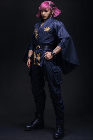 (best quality,8K,highres,masterpiece, ultra-detailed, super colorful, vibrant, realistic, high-resolution), wide view, full picture head-to-toe, colorful portrait of an asian male with flawless anatomy, his left hand is detachable mechanical prosthetics hand, he is wearing a blue-coloured tactical kimono with no under-garment under it, baggy cargo pants, doctor marten's high boots, His tattoed skin is extremely detailed and realistic, with a natural and lifelike texture. His pink-colored wavy hair is tied in high-knot. The background is black. The lighting accentuates the contours of his face, adding depth and dimension to the portrait. The overall composition is masterfully done, showcasing the intricate details and achieving a high level of realism,Hair,zzmckzz,Mecha body,mecha,mecha musume,kimono,BJ_Gundam,haman karn