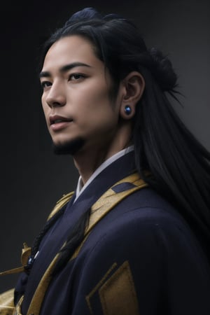 (best quality,8K,highres,masterpiece, ultra-detailed, super colorful, vibrant, realistic, high-resolution), wide view, full picture head-to-toe, colorful portrait of an asian male with flawless anatomy, his left hand is detachable mechanical prosthetics hand, he is wearing a blue-coloured tactical kimono with no under-garment under it, baggy cargo pants, doctor marten's high boots, His tattoed skin is extremely detailed and realistic, with a natural and lifelike texture. His pink-colored wavy hair is tied in high-knot. The background is black. The lighting accentuates the contours of his face, adding depth and dimension to the portrait. The overall composition is masterfully done, showcasing the intricate details and achieving a high level of realism,Hair,zzmckzz,Mecha body,mecha,mecha musume