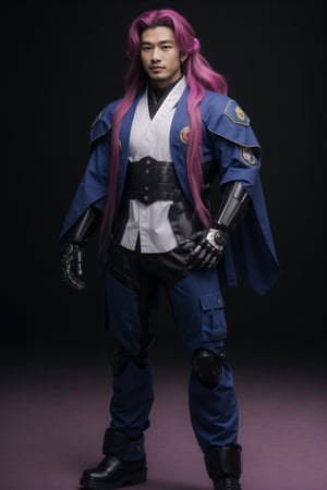 (best quality,8K,highres,masterpiece, ultra-detailed, super colorful, vibrant, realistic, high-resolution), wide view, full picture head-to-toe, colorful portrait of an asian male with flawless anatomy, his left hand is detachable mechanical prosthetics hand, he is wearing a blue-coloured tactical kimono with no under-garment under it, baggy cargo pants, doctor marten's high boots, His tattoed skin is extremely detailed and realistic, with a natural and lifelike texture. His pink-colored wavy hair is tied in high-knot. The background is black. The lighting accentuates the contours of his face, adding depth and dimension to the portrait. The overall composition is masterfully done, showcasing the intricate details and achieving a high level of realism,Hair,zzmckzz,Mecha body,mecha,mecha musume,kimono
