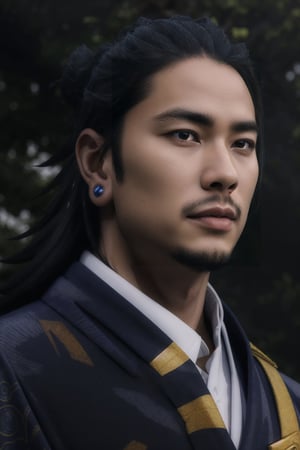 (best quality,8K,highres,masterpiece, ultra-detailed, super colorful, vibrant, realistic, high-resolution), wide view, full picture head-to-toe, colorful portrait of an asian male with flawless anatomy, his left hand is detachable mechanical prosthetics hand, he is wearing a blue-coloured tactical kimono with no under-garment under it, baggy cargo pants, doctor marten's high boots, His tattoed skin is extremely detailed and realistic, with a natural and lifelike texture. His pink-colored wavy hair is tied in high-knot. The background is black. The lighting accentuates the contours of his face, adding depth and dimension to the portrait. The overall composition is masterfully done, showcasing the intricate details and achieving a high level of realism,Hair,zzmckzz,Mecha body,mecha,mecha musume