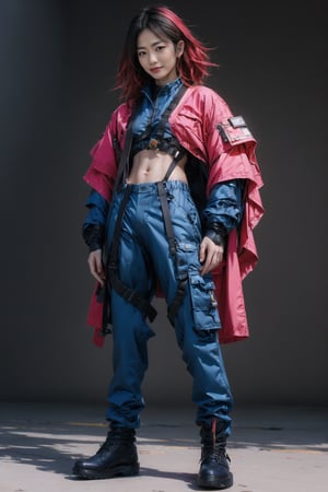 (best quality,8K,highres,masterpiece, ultra-detailed, super colorful, vibrant, realistic, high-resolution), wide view, full picture head-to-toe, colorful portrait of an asian male with flawless anatomy, his left hand is detachable mechanical prosthetics hand, he is wearing a blue-coloured tactical kimono with no under-garment under it, baggy cargo pants, doctor marten's high boots, His tattoed skin is extremely detailed and realistic, with a natural and lifelike texture. His pink-colored wavy hair is tied in high-knot. The background is black. The lighting accentuates the contours of his face, adding depth and dimension to the portrait. The overall composition is masterfully done, showcasing the intricate details and achieving a high level of realism,Hair,zzmckzz,Mecha body,mecha,mecha musume,kimono,BJ_Gundam,haman karn,Rabbit ear,urban techwear,tech