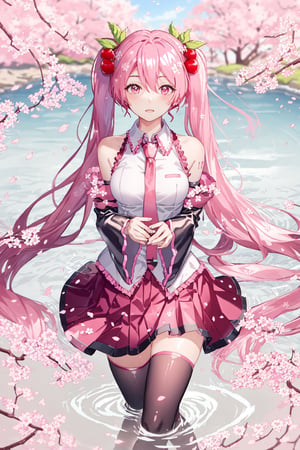 Hatsune Miku, Cherry Blossom Miku, pink hair, detached sleeves, wading, hair flower, very long hair, solo, hair ornament, water, thighhighs, petals, twintails, long hair, necktie, skirt, cherry blossoms, 1girl, pink eyes, flower