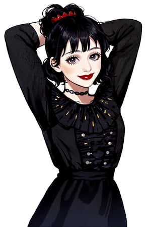 Lydia Deetz, 1girl, solo, looking at viewer, smile, simple background, black hair, black eyes, arms up, makeup, lipstick, white background