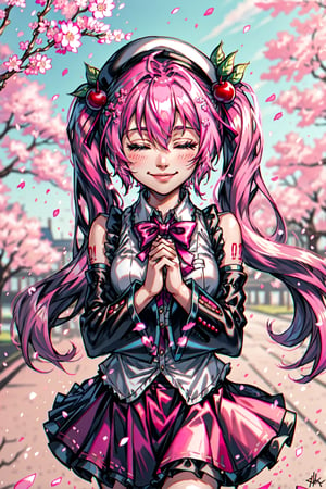 Hatsune Miku, Cherry Blossom Miku, bowtie, pink hair, own hands together, blurry background, cherry hair ornament, long sleeves, black headwear, closed eyes, very long hair, closed mouth, twintails, bow, sleeves past wrists, pink skirt, skirt, shirt, hat, cherry blossoms, bangs, hair ornament, depth of field, pink bow, signature, blurry, smile, cowboy shot, solo, pink theme, frills, pleated skirt, petals, long hair, branch, hair between eyes, white shirt, beret, food-themed hair ornament, 1girl, pink bowtie