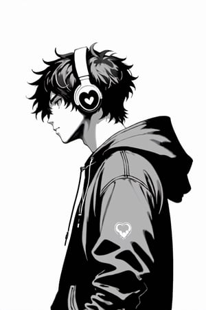 solo, simple background, 1boy, white background, jacket, monochrome, upper body, greyscale, male focus, heart, hand up, hood, from side, hoodie, profile, headphones, hood up
