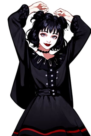 Lydia Deetz, 1girl, solo, looking at viewer, smile, simple background, black hair, black eyes, arms up, makeup, lipstick, white background